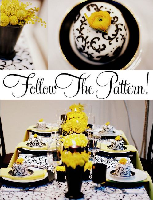 black and white wedding table settings. lack and white and yellow